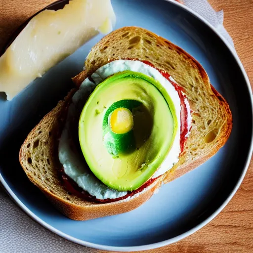 Image similar to duck egg, avocado, swiss cheese on toast. studio lighting.