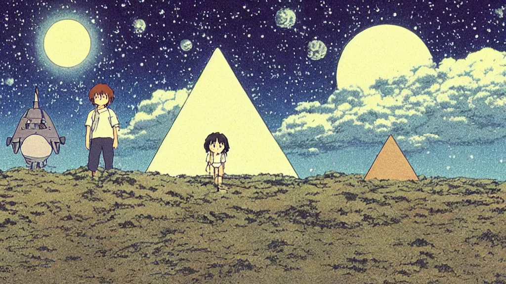 Image similar to a movie still from a studio ghibli film showing a floating large white pyramid, an alien, and a ufo on a misty and starry night. by studio ghibli