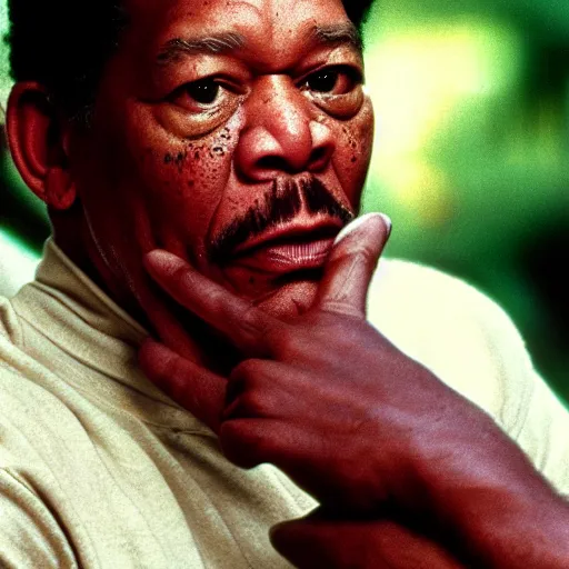 Image similar to a cinematic film still of Morgan Freeman starring in Boyz N The Hood, portrait, 40mm lens, shallow depth of field, close up, split lighting, cinematic