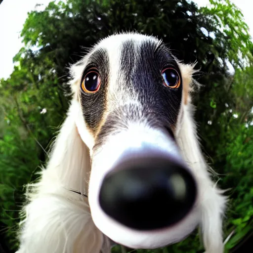 Image similar to fisheye lens closeup photo of a borzoi face