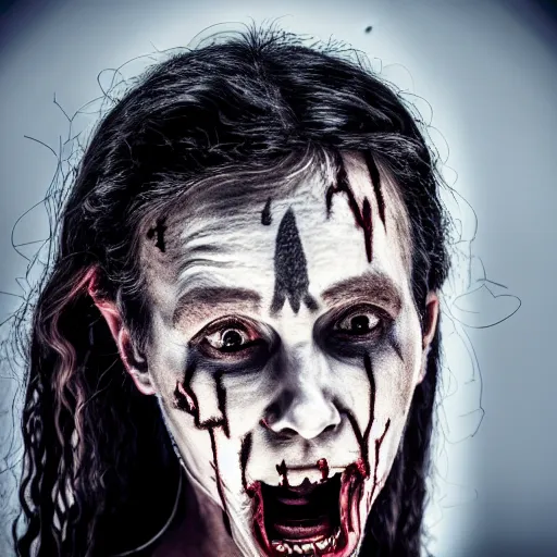 Prompt: head and shoulders photo portrait of a female medieval villager zombie in a dark nighttime medieval graveyard, d & d