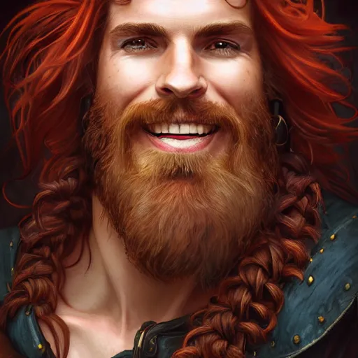 Image similar to portrait of a young ruggedly handsome but joyful pirate, male, masculine, nose ring, upper body, red hair, long hair, d & d, fantasy, joyful smirk, intricate, elegant, highly detailed, digital painting, artstation, concept art, matte, sharp focus, illustration, art by artgerm and greg rutkowski and alphonse mucha