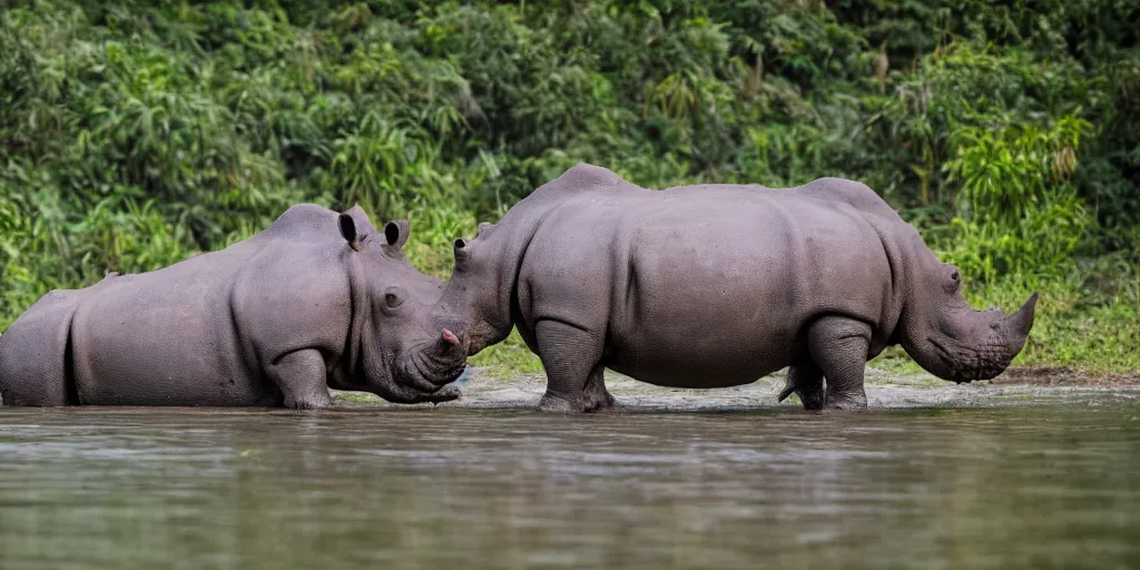 Prompt: a hippo with a rhino horn, in a river in the jungle, extremely high fidelity, natural lighting