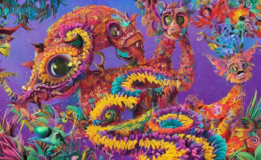 Image similar to Alebrijes” 3-D 4k ,cute single animal, digital art, Mexican folk art, Hyperdetailed, amazing background, matte painting, gouache, Martin Sandiego, Julia Fuentes, Miguel Sandiego”