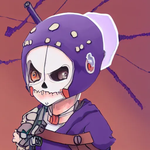 Prompt: cute little boy wearing an skull mask and dressed in an nun outfit in desert, purple color palette, artwork made in made in abyss art style, inspired in ddtank and hirohiko araki, ray tracing, soft details