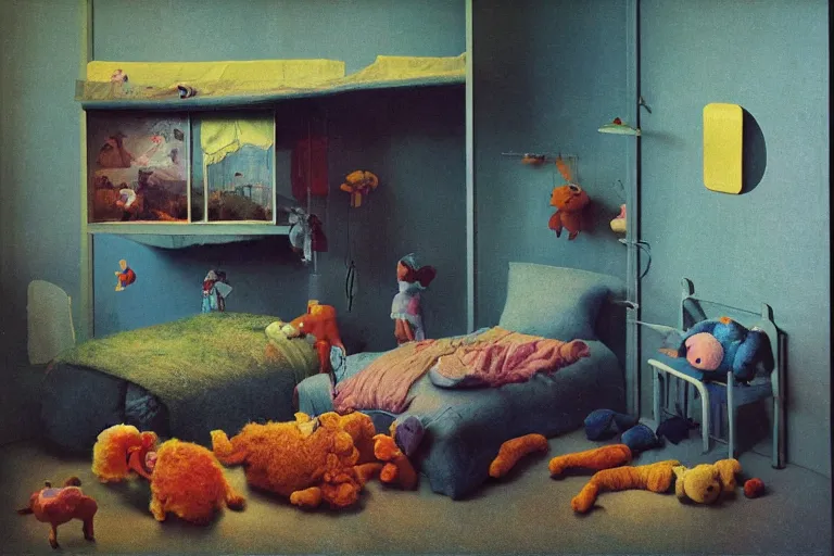 Prompt: An IKEA catalogue photo of a childrens bedroom, with huge cuddly toys, by Beksinski