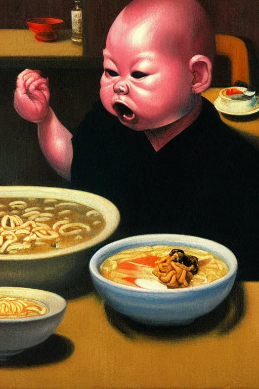 Image similar to evil human giant baby eating a huge bowl of ramen in new york city, traditional chinese restaurant, hauntingly surreal, highly detailed painting by francis bacon, edward hopper, adrian ghenie, gerhard richter, and james jean soft light 4 k,