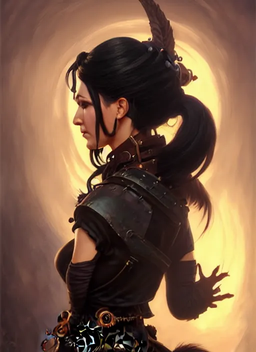 Image similar to a _ fantasy _ style _ portrait _ painting _ of steampunk woman, ponytail black hair, round face, rpg dnd oil _ painting _ unreal _ 5 _ daz. _ rpg _ portrait _ extremely _ detailed _ artgerm _ greg _ rutkowski _ greg