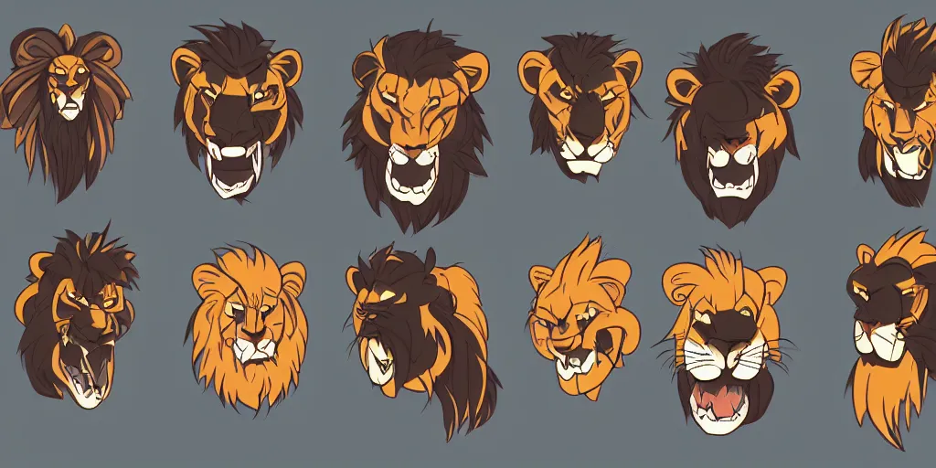 Prompt: game asset of unique lion heads on black background, organic, animated hanna barbera color palette, animated hanna barbera black inking, cel shading, 6 colors, no gradients, flat 2 d design, 2 d sprites, 8 k, close up