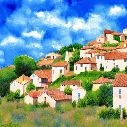 Image similar to village on a prominence in provence, digital art, blue skies