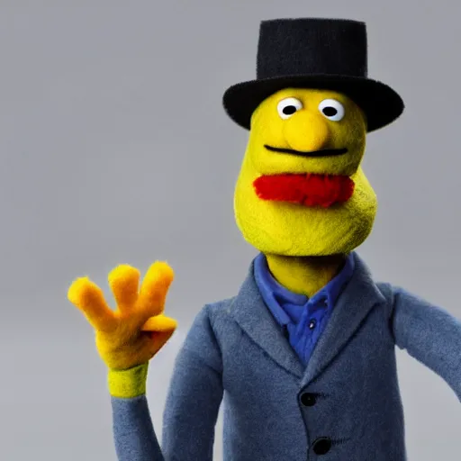 Image similar to heisenberg as a muppet. highly detailed felt. hyper real photo. 4 k.