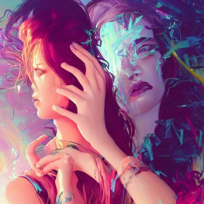 Image similar to young woman, gorgeous face, vaporwave aesthetic, synthwave, colorful, psychedelic, broken, shattered, beaten, sadness, crying, tears, artstation, concept art, smooth, extremely sharp detail, finely tuned detail, 8 k, ultra sharp focus, illustration, art by artgerm and greg rutkowski and alphonse mucha