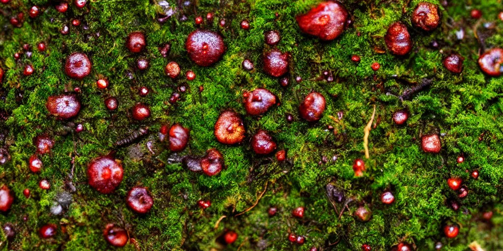 Prompt: extraterrestrial moss with some tiny red mushrooms, fog, dew, realistic, highly detailed, macro photography, trending on artstation