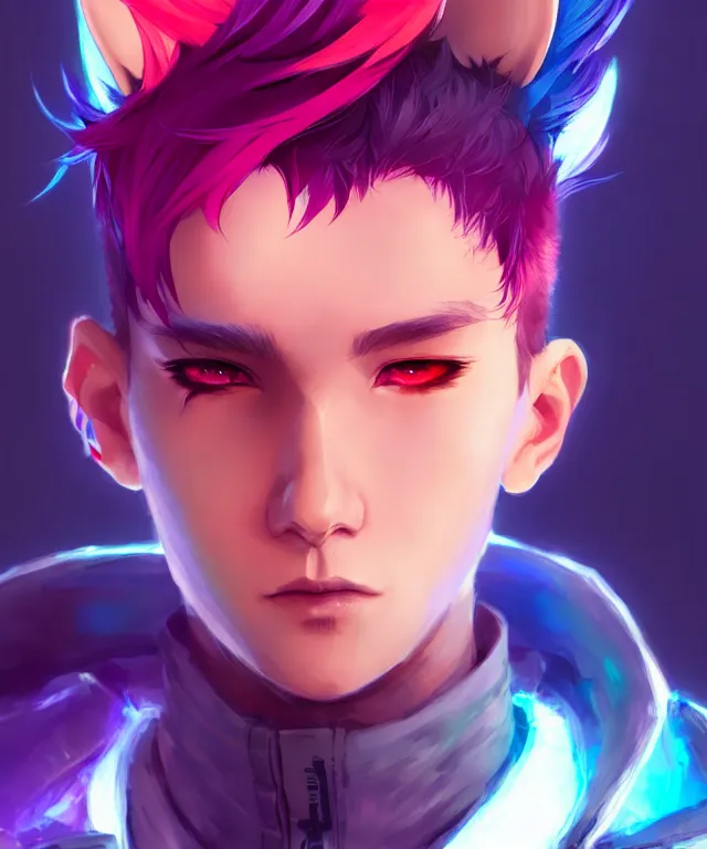 Image similar to character concept art of a cute cyberpunk boy with colorful hair and wolf ears | | cute - fine - face, pretty face, key visual, realistic shaded perfect face, fine details by stanley artgerm lau, wlop, rossdraws, james jean, andrei riabovitchev, marc simonetti, and sakimichan, trending on artstation