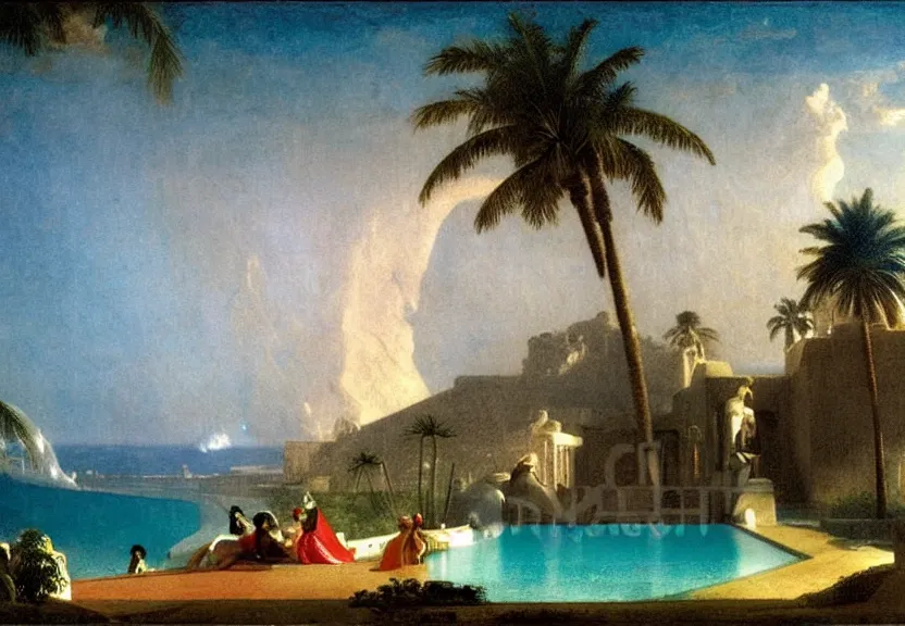 Image similar to Palace floating in the sky, refracted sparkles, thunderstorm, greek pool, beach and palm trees on the background major arcana sky, by paul delaroche, hyperrealistic 4k uhd, award-winning, very very very detailed