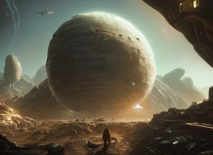 Image similar to A colony built on a asteroid as Starcitizen loading screen, intricate, dystopian, fantasy, extremely detailed, digital painting, artstation, concept art, smooth, sharp focus, illustration, stark lighting, incredible art by artgerm and greg rutkowski and alphonse mucha and simon stalenhag