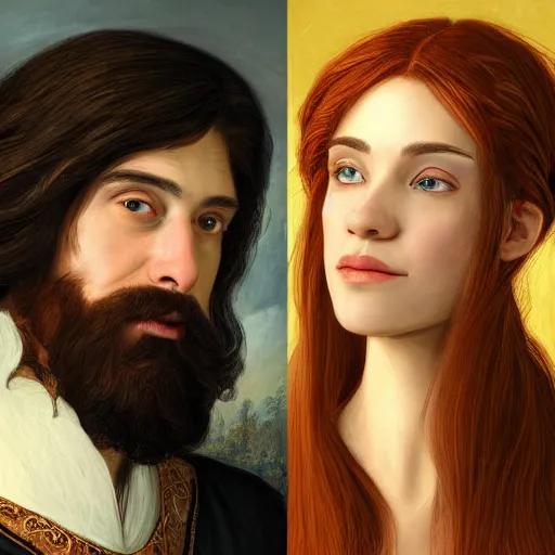 Image similar to an ultra detailed portrait of a handsome wizard with a goatee named james and a beautiful noblewoman with long brown hair named rachel, 8 k, baroque and luminist style, artstation, pixiv, by jacque - louis david