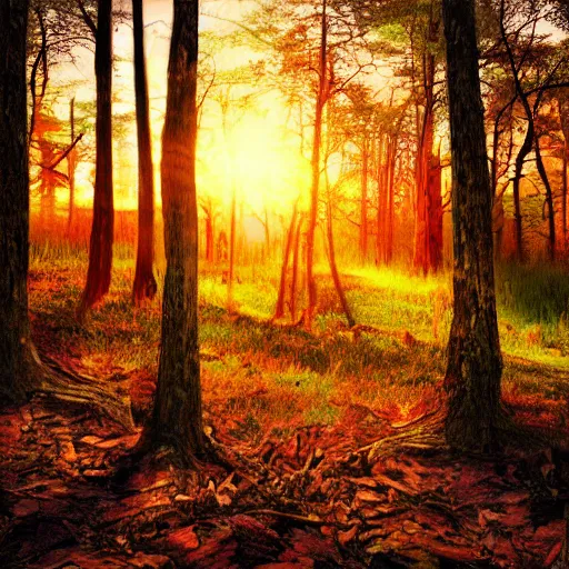 Image similar to photorealistic photo of a forest at sunset, highly detailed