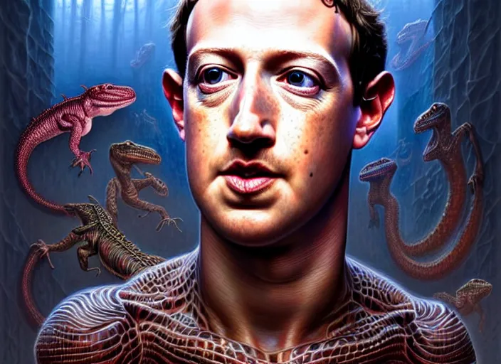 Prompt: mark zuckerberg mixed with lizardscaly skin, intricate, elegant, highly detailed, centered, digital painting, artstation, concept art, smooth, sharp focus, illustration, artgerm, tomasz alen kopera, peter mohrbacher, donato giancola, joseph christian leyendecker, wlop, boris vallejo