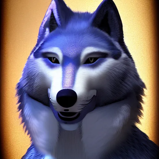 Prompt: 3 d render, well toned, large tall, female anthropomorphic wolf, blue fur with white spots, fur covering her chest.