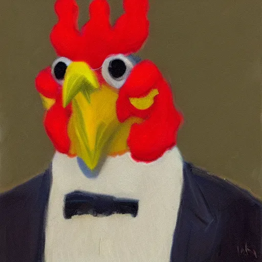 Prompt: a high quality photo of a chicken wearing a suit, impressionism, 8 k