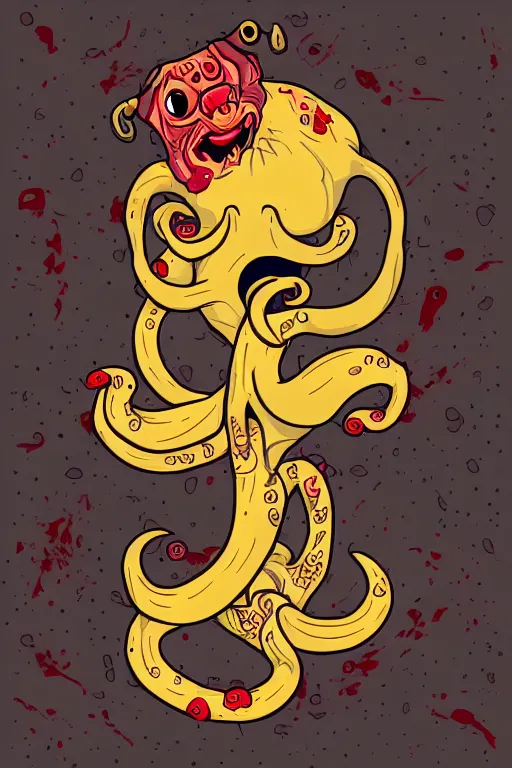 Image similar to Pug with tentacles, the devil, sticker, blood thirsty, spawn of Satan, burning in hell, blood, evil, colorful, illustration, highly detailed, simple, smooth and clean vector curves, no jagged lines, vector art, smooth