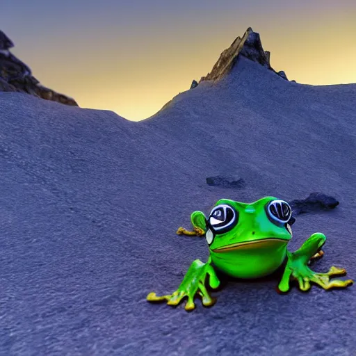 Image similar to 3 d octane frog character skiing down a mountain