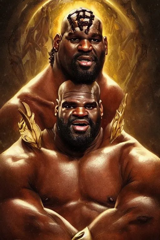 Image similar to portrait of shaquille o'neal as a hulking herculean demon, forest, godlike, full body, fantasy, intricate, elegant, highly detailed, digital painting, artstation, concept art, sharp focus, illustration, art by artgerm and greg rutkowski and alphonse mucha