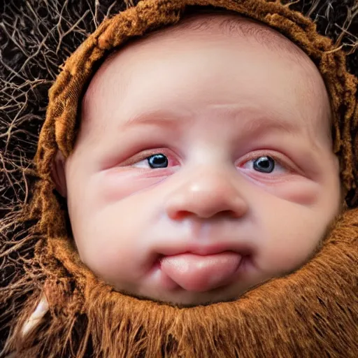 Image similar to close up photo of a baby Scotsman in a kilt hatching out of a Scotch egg