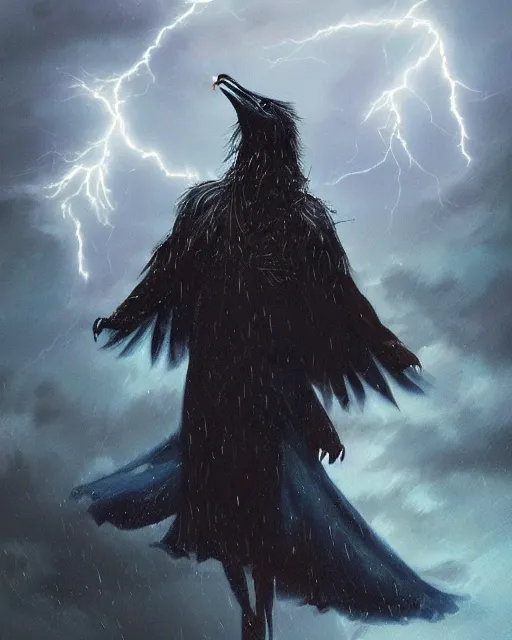 Image similar to oil painting of Anthropomorphized Raven Sorcerer casting spell, magical runes flying, wearing fur cloak, sharp focus, lightning storm background, magical aura, heroic pose, fantasy style, octane render, volumetric lighting, 8k high definition, by greg rutkowski, highly detailed, trending on art Station, magic the gathering artwork, Thunderstorm background, centered, dramatic artwork