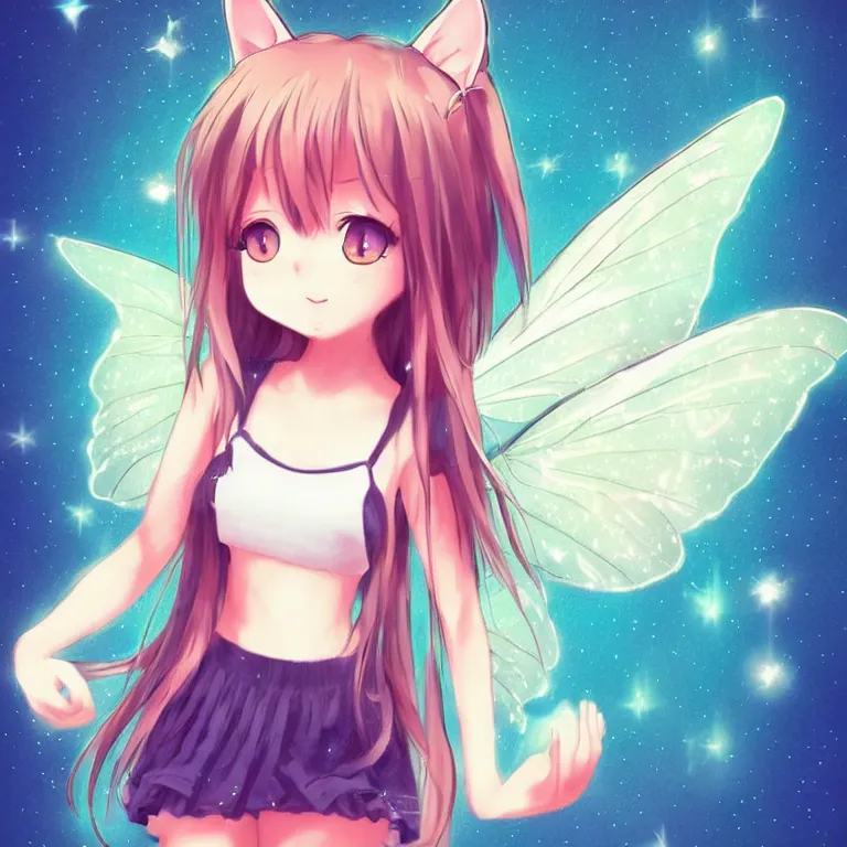 Image similar to cute, full body, female, anime style, a cat girl with fairy wings, large eyes, beautiful lighting, sharp focus, simple background, creative, heart effects, filters applied, illustration