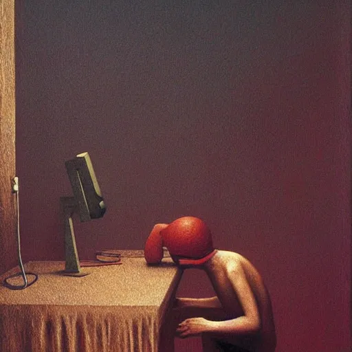 Prompt: gamer at his computer Zdzisław Beksiński, oil on canvas