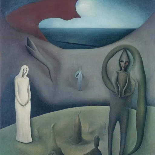 Image similar to otherworldly surreal dream-like landscape by Leonora Carrington, Gertrude Abercrombie, Dorothea Tanning, Helen Lundeberg, Kay Sage, Valentine Hugo, Toyen, Ithell Colquhoun -W 800