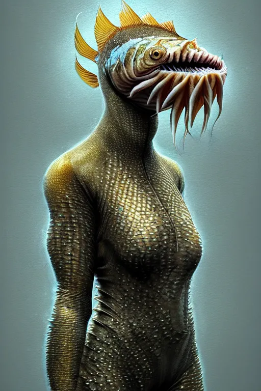 Prompt: epic professional digital art of female human - fish hybrid animal wearing air force jumpsuit, humanoid scaly fish head, fish mouth, painting, by leesha hannigan, iris van herpen, artstation, cgsociety, wlop, epic, much wow, much detail, gorgeous, detailed, cinematic, masterpiece