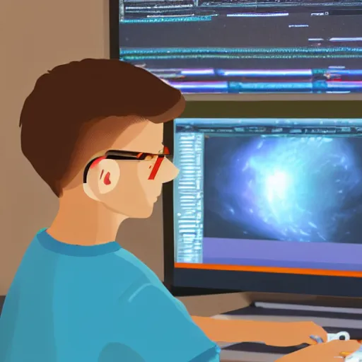 Prompt: a boy coding in a celestial computer to save the universe