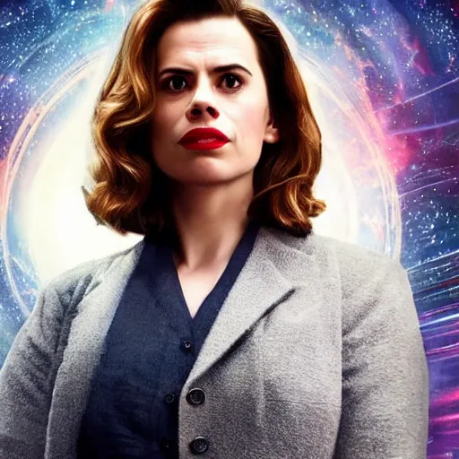 Image similar to a full body photograph of hayley atwell as'doctor who ', time vortex in the background, detailed face, symmetrical face, extreme realism and detail, 8 k, completely framed, direct lighting, 3 5 mm photo, photorealistic, sharp focus