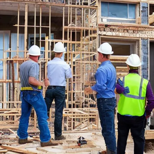 Prompt: many builders inspecting and discussing something