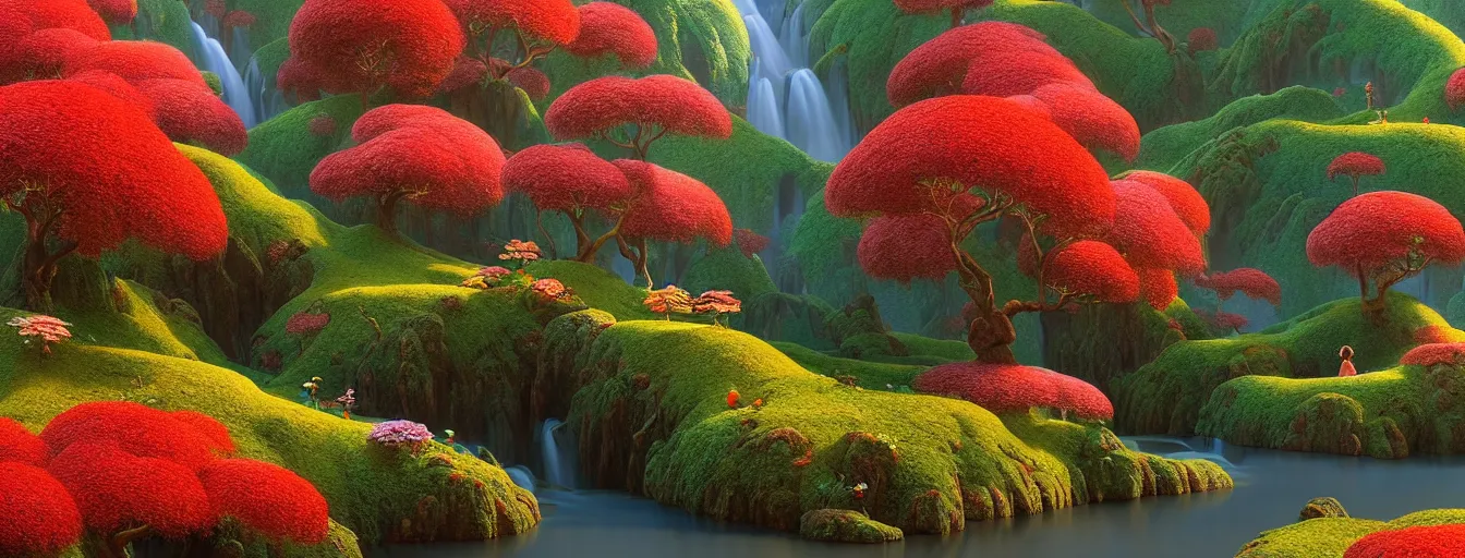 Prompt: a gorgeous very early spring series of lush islands separated by flower - lined streams, twisted gardens, flowers, fern fronds, all red, painting by barlowe wayne maxfield parrish and marco mazzoni. tree no leaf!!!! china mountain village!! very little light verdancy. ultra clear detailed. 3 d, octane render