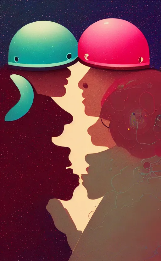 Image similar to portrait of two girl kissing each other and wearing a futuristic helmet by Petros Afshar and Beeple, James Gilleard, Mark Ryden, Wolfgang Lettl highly detailed