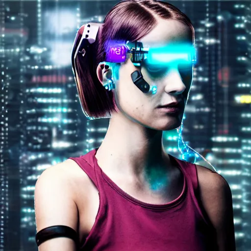 Prompt: a cyberpunk girl with a scifi neuralink device on her head