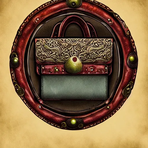 Image similar to an ornate small leather bag, fantasy illustration, medieval era, blank background, studio lighting, digital art