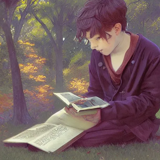 Prompt: Kid reading a book in a park, fall in love with reading, highly detailed, digital painting, artstation, concept art, sharp focus, illustration, art by artgerm and greg rutkowski and alphonse mucha