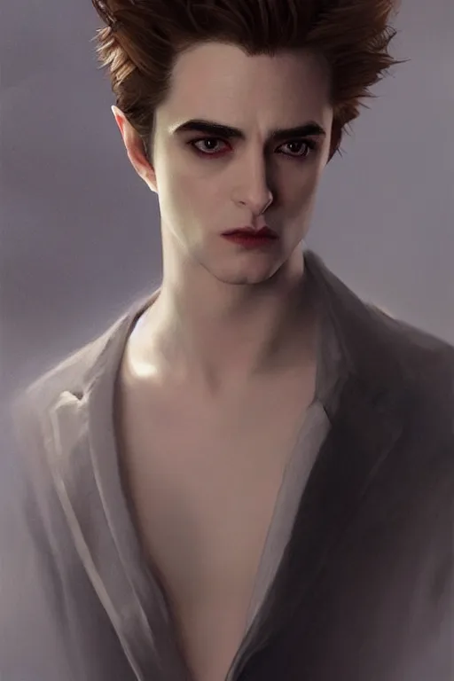 Image similar to edward cullen from twilight, diffuse lighting, fantasy, intricate, elegant, highly detailed, lifelike, photorealistic, digital painting, artstation, illustration, concept art, smooth, sharp focus, art by john collier and albert aublet and krenz cushart and artem demura and alphonse mucha
