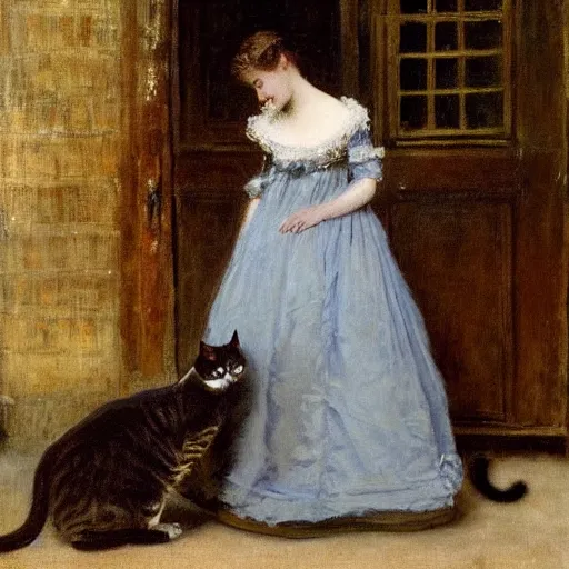 Prompt: young victorian lady in ball gown trying to pet a distressed cat, painted by alfred stevens