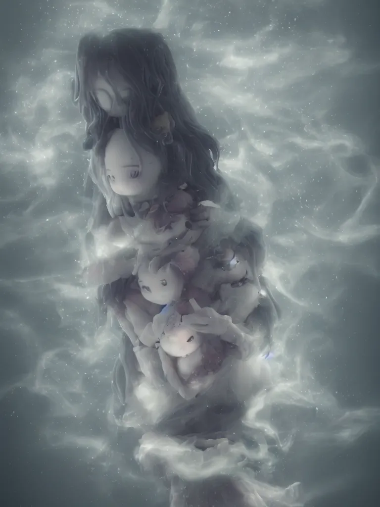 Image similar to cute fumo plush of a cursed frail witch girl held tight in the arms of a translucent ghost mother, hugging and cradling, anime, melting volumetric smoke and fog, environment map pbr reflective stormy water, gothic maiden, bokeh, vignette, vray