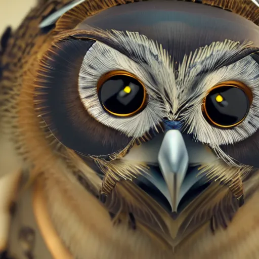 Image similar to detailed portrait of a mechanic owl, watch on his head, feathers from mechanical watch parts, in half a turn, hyper detailed, stylistic, symmetrical, 3 d render, 8 k, octane render