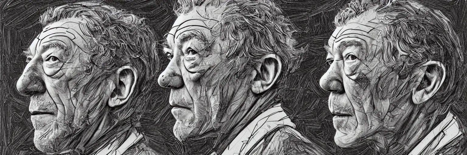 Image similar to a realistic yet scraggly portrait photo of the side profile of a stern and sophisticated ian mckellen as an astronaut, octane render, intricate details, in the style of frank auerbach, in the style of sergio aragones, in the style of martin ansin, in the style of david aja, in the style of mattias adolfsson