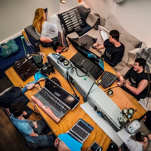 Image similar to an intricate drone photograph of a lan party, ultra wide lens, aerial photography,