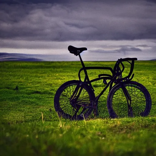 Prompt: Punctured bicycle on a hillside desolate