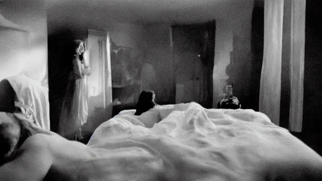 Prompt: movie still of having sleep paralysis, cinematic composition, cinematic light, criterion collection, by david cronenberg